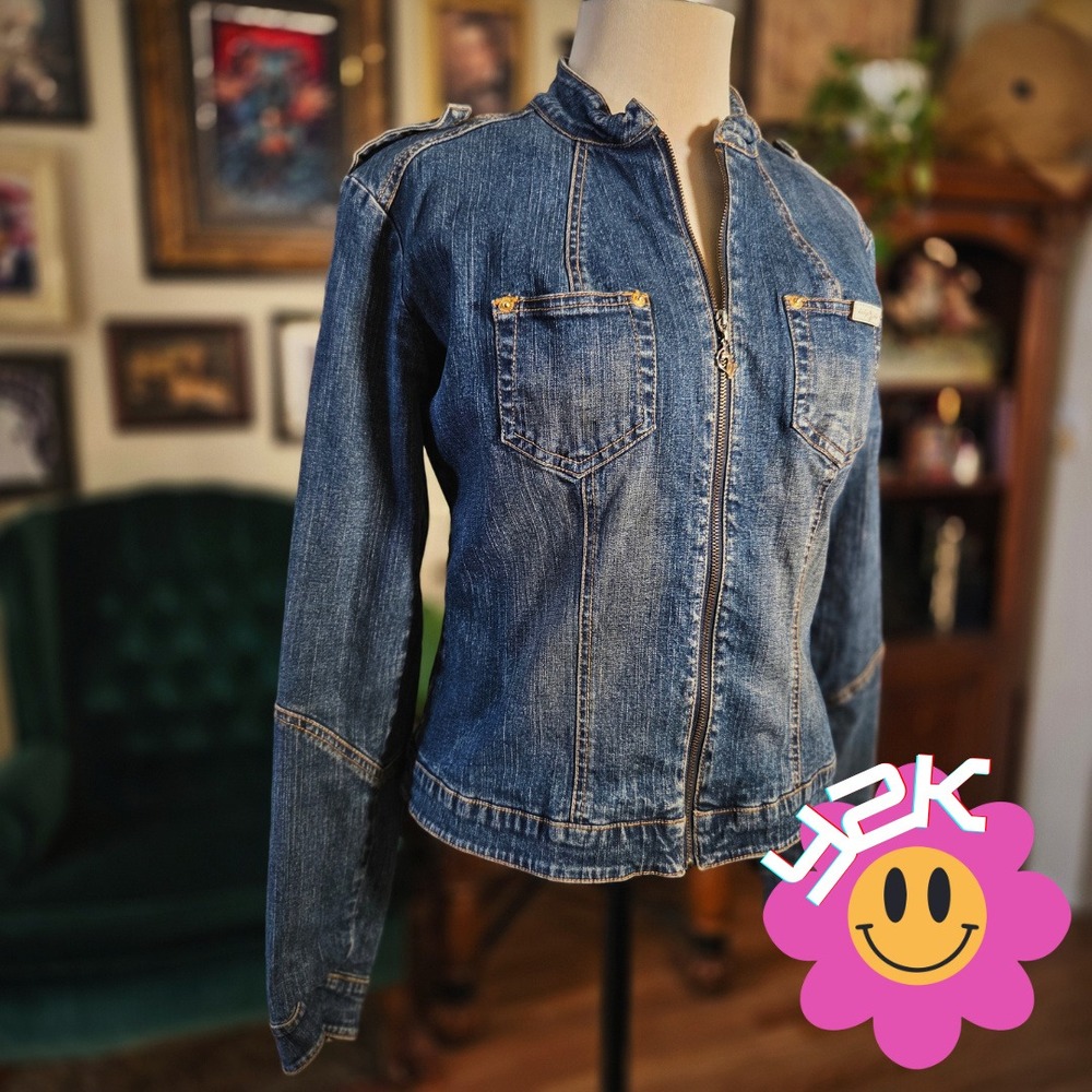 Baby Phat Denim Jacket Vintage Y2K Blue Jean Moto Zip Up Coat Women Medium 2000s